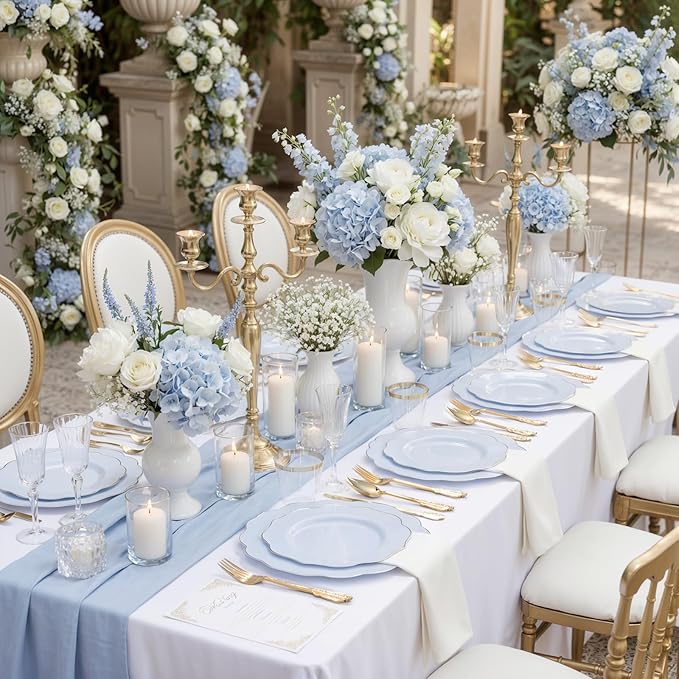 NOCCUR 175PCS Blue Plastic Plates with Gold Disposable Silverware - Include 50 Light Blue and Gold Plastic Plates,25 Knives,25 Forks,25 Spoons,25 Cups and 25 Napkins - Ideal for Shower/Spring Party