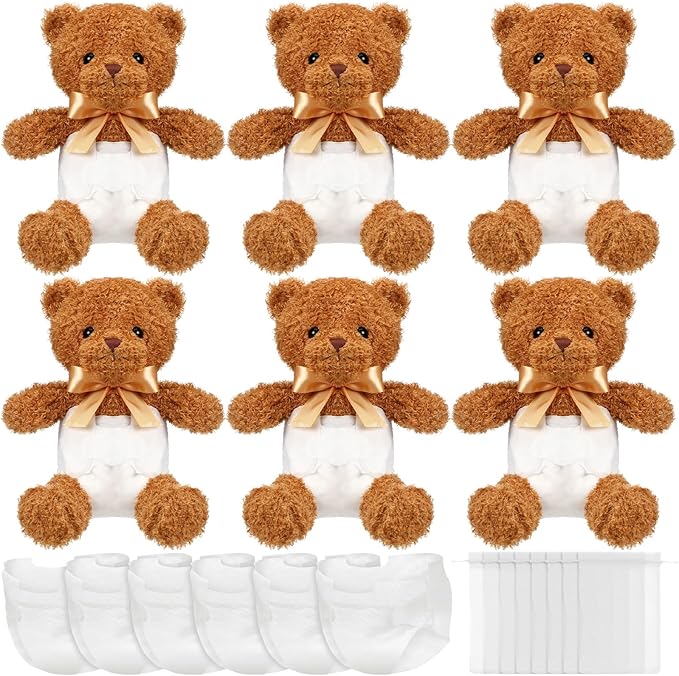 Bear Blindfolded Diaper Changing Baby Shower Games Baby Dolls Diapers for Bridal Shower Gender Reveal Games Prizes Gifts for Adults Boys Girls (Tan,6 Sets)