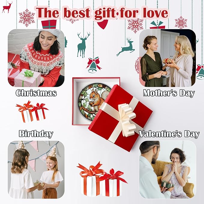 Stained Glass Window Hanging, Squirrel on a Branch Suncatcher Diamond Glass Panel Animal Sun Catchers Decor for Birthday for Women, Men, Wife, Aunt, and Mom 14.9x14.9 in