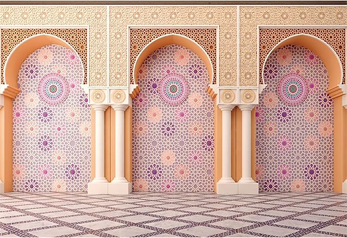 Baocicco 9x6ft Vinyl Moroccan Palace Backdrops for Photoshoot Orange Vintage Mandala Column and Arch Middle Eastern Style Photography Background Moroccan Birthday Wedding Party Decorations Photo