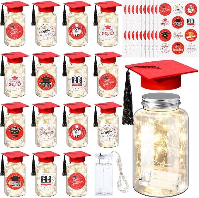 Boao 16 Sets Graduation Table Decoration Set with LED Light up Graduation Decorations for Class of 2026, Grad Jar, Felt Grad Hat and Stickers for High School College(Red)