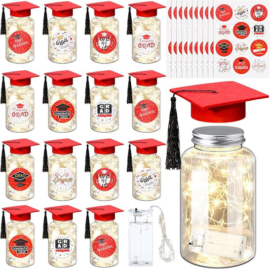 Boao 16 Sets Graduation Table Decoration Set with LED Light up Graduation Decorations for Class of 2026, Grad Jar, Felt Grad Hat and Stickers for High School College(Red)