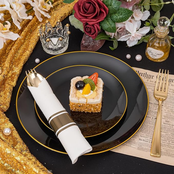 KIRE 175Pcs Black Plates Disposable - Heavy Duty Black and Gold Plastic Plates- 25 for Dinner 25 for Dessert 25 Pre Rolled Gold Silverware and 25 Cups for New Year/Birthday Party