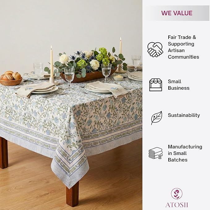 ATOSII Mahoka Blue 100% Cotton Square Fall Tablecloth, Handblock Floral Linen Table Cloth for Kitchen Dining Table I Parties Weddings Outdoors Easter Valentine's Gift I 60 X 60 Inches I 4 Seater