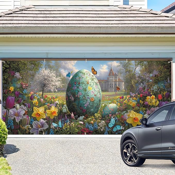 Floral Easter Egg Garden Garage Door Banner 7x16FT, Colorful Eggs & Spring Flowers Garage Door Cover, Outdoor Decoration for Easter & Spring
