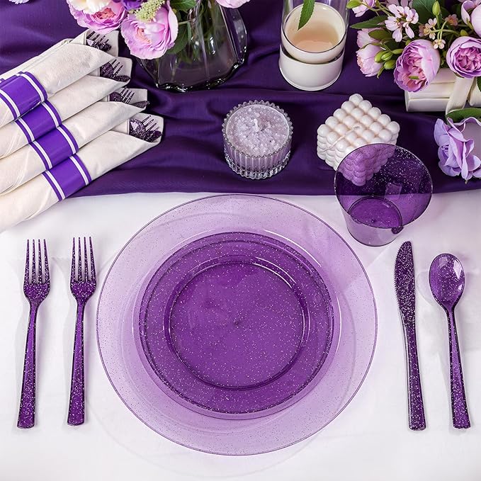 DaYammi 350 Pieces Purple Glitter Dinnerware Set 50 Guest for Party- 50 Dinner Plates, 50 Dessert Plates -50 Per Rolled Napkins with Purple Cutlery - 50 Disposable Cups 9 OZ