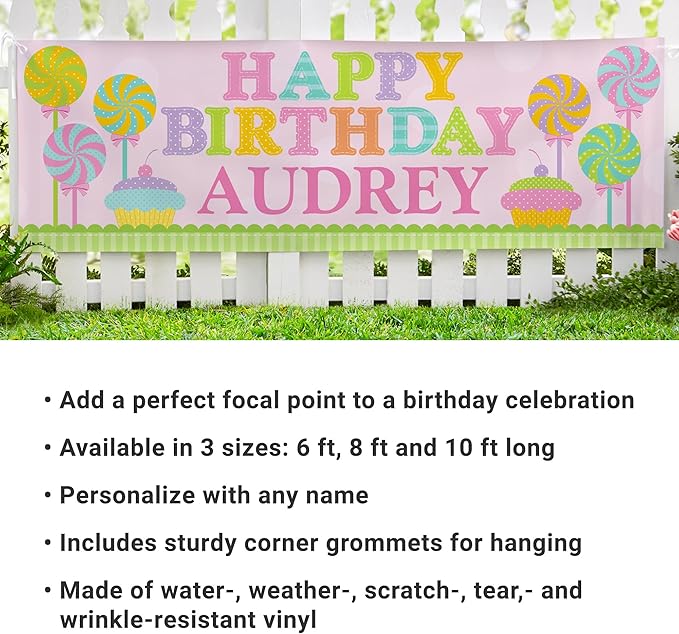 Let's Make Memories Personalized Pink Happy Birthday Banner for Kids - Custom Birthday Party Decorations - Indoor/Outdoor Vinyl - Any Name - Sweets Design - 8ft