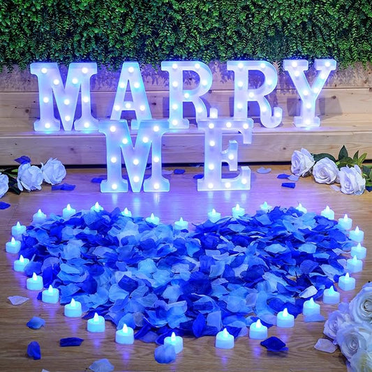 Hortsun Marry Me Light up Letters Proposal Decorations Will You Marry Me Sign Rose Petals 24 LED Candles Romantic Night Light for Proposal Engagement Wedding Anniversary Valentine's Day(Blue)