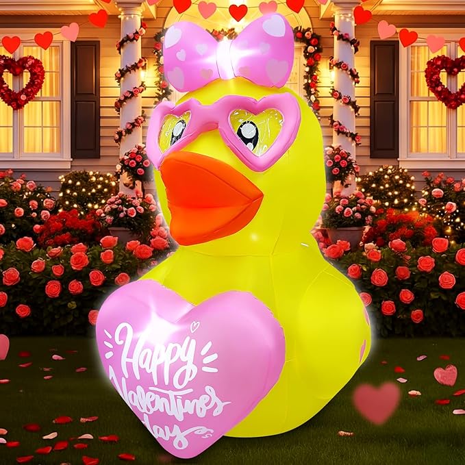 5FT Valentines Day Inflatables Duck with Heart Decoration, LED Blow Up Lighted Decor Indoor Outdoor Holiday Art Decor Romantic Gift for Anniversary Wedding Party