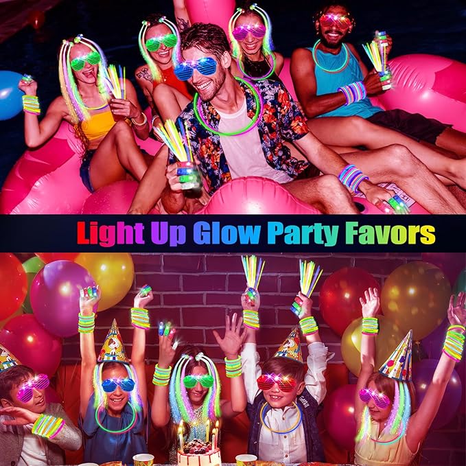 158 PCS Glow in the Dark Party Supplies, 14PCS LED Glasses, 30LED Finger Lights, 14LED Light Hairs and 100PCS Glow Sticks Bracelets, Neon Party Favors for Wedding, Concert, Birthday, New Year