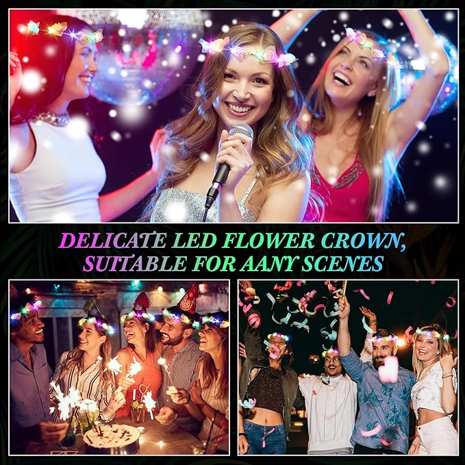 Syhood Valentines Day Gifts, 50 Pcs LED Flower Crowns Headbands, Light up Flower Crowns for Women, Glow in the Dark Headband for Wedding Birthday Mardi Gras Cosplay Princess Party Favors(Plum Blossom)