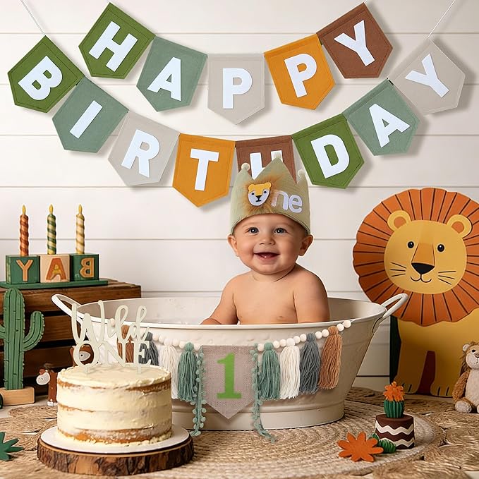 DCJHFJ Wild One High Chair Banner Brown Green Felt Happy Birthday Banner Pre-Strung Jungle Safari Birthday Party Decorations For 1st Boy Party Backdrop