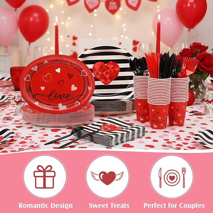350 Pieces Valentine's Day Dinnerware - Valentines Plates and Napkins Paper Cups Plastic Forks Spoons Knives, Red and Black Love Heart Tableware Set for 50 Guests Valentine Party Supplies