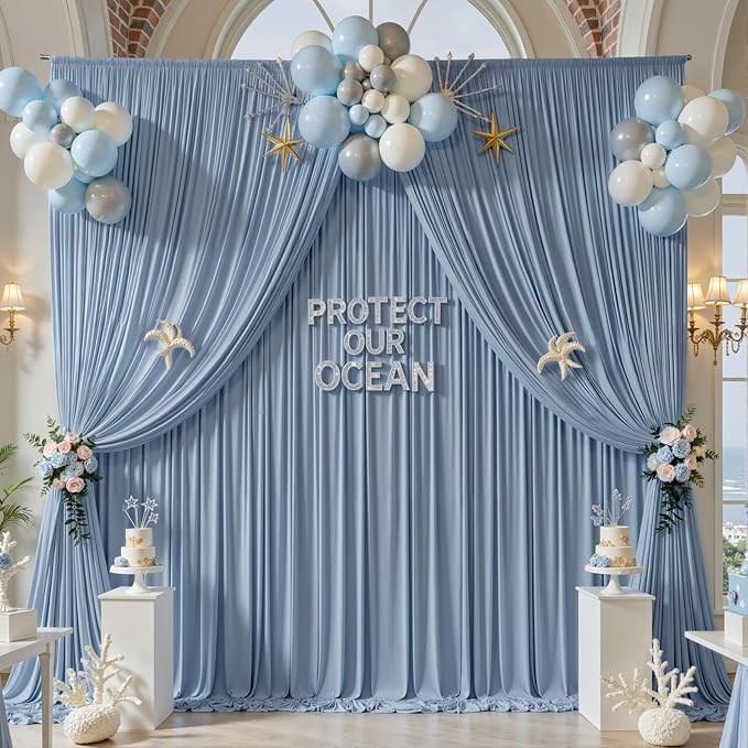 gogoparti 50x12ft Dusty Blue Backdrop Curtain for Wedding Parties, 10 Panels (5x12 ft Each) Wrinkle-Free Dackdrop Curtains, Silky Draping Fabric for Birthday Party, Baby Shower, Photo Background