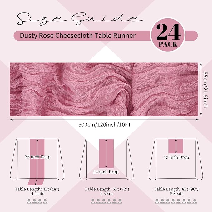 24 Pack Dusty Rose Cheesecloth Table Runner 120 inch Fall Thanksgiving Boho Rustic Gauze Farmhouse 10FT Cheese Cloth Runner for Baby Shower Wedding Party Holiday Home Decor