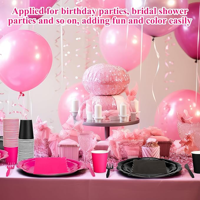 Pickmesh 400 Pcs Hot Pink and Black Birthday Party Supplies Include Hot Pink Disposable Paper Plates Napkins Cups Cutlery for Women Black Bridal Shower Bachelorette Party Decorations Serve 50