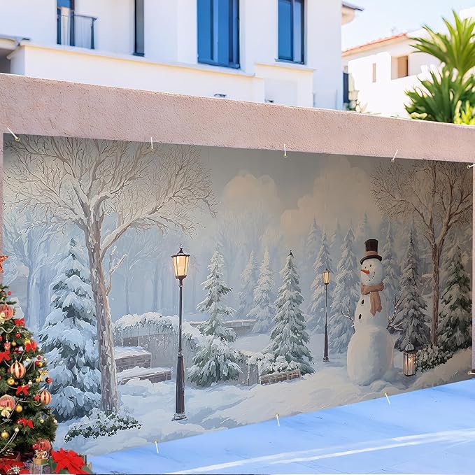 Garage Door Banner 7x16FT, Winter Snow Park & Snowman Garage Door Cover, Large Outdoor Xmas Decoration for Double Garage, Yard, Fence & Holiday Parties