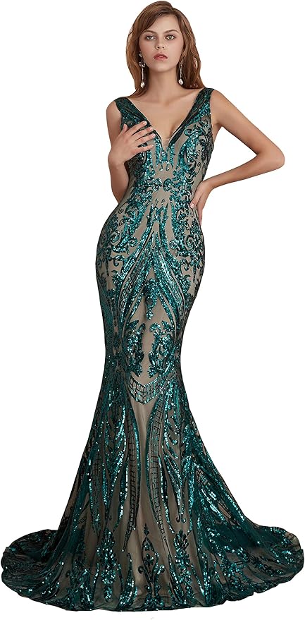 Women's Double V-Neck Sequins Lace-up Mermaid Evening Dress