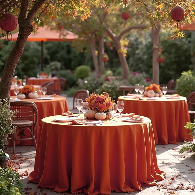 sancua Thanksgiving Round Tablecloth 132 Inch Diameter, 6 Pack Rust Circle Polyester Fabric Fall Table Cloth for Holiday Party Reception, Washable Burnt Orange Table Cover (Fit 54-96 Inch Tables)