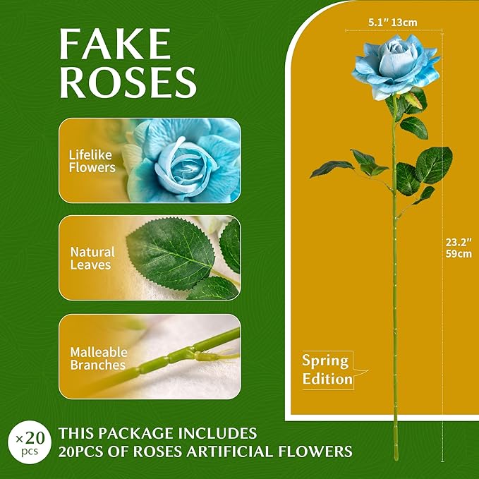 Artificial Flowers 23.2In Artificial Roses 20PCS Fake Roses Long Stem Artificial Flowers for Tall Vase Silk Rose Spring Suitable for Indoor Wedding Party Decor Valentine's Day DIY Bouquet,Blue