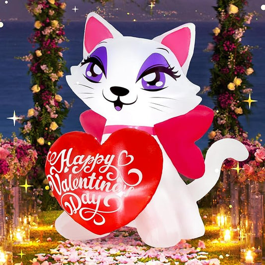 4 FT Valentines Inflatable Outdoor Decorations, Blow up Valentine's Day Cat Yard Decor with Love Heart, Built-in LED Lights Wedding Kitty Holiday Decoration for Lawn Garden Wedding Indoor