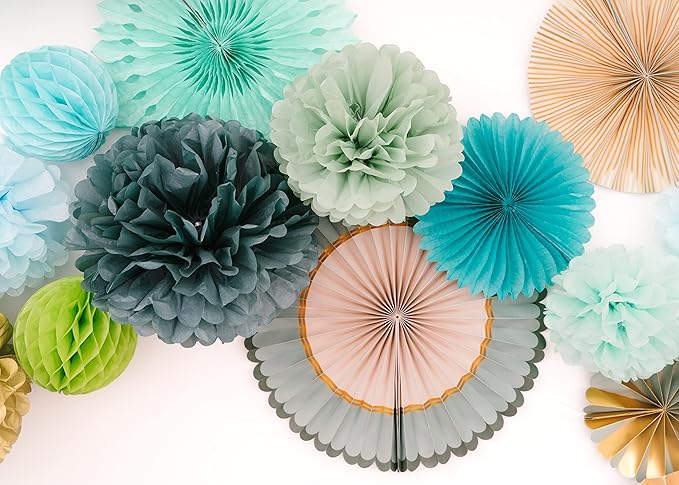 PapaKit Deluxe Origami Large Wall Decoration Set (Assorted Paper Fans & Pom-poms) Birthday Party Baby Shower Wedding Event Decor | Creative Art Design Pattern (Sage Green, Deluxe 26 Piece Set))