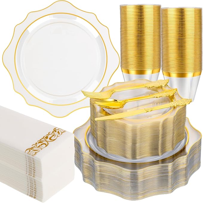 350 PCS Clear and Gold Plastic Plates, Gold Disposable Plates for 50 Guests, Includes 100 Disposable Plates, 50 Cups, 150 Silverwares, and 50 Napkins for Party, Graduation and Wedding