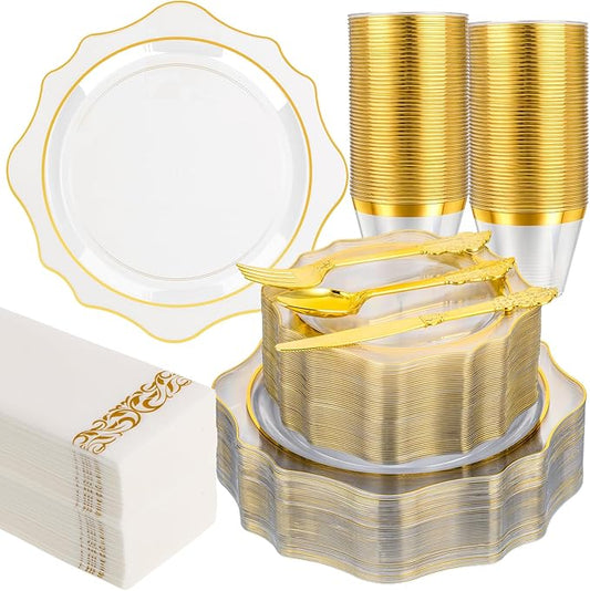 350 PCS Clear and Gold Plastic Plates, Gold Disposable Plates for 50 Guests, Includes 100 Disposable Plates, 50 Cups, 150 Silverwares, and 50 Napkins for Party, Graduation and Wedding