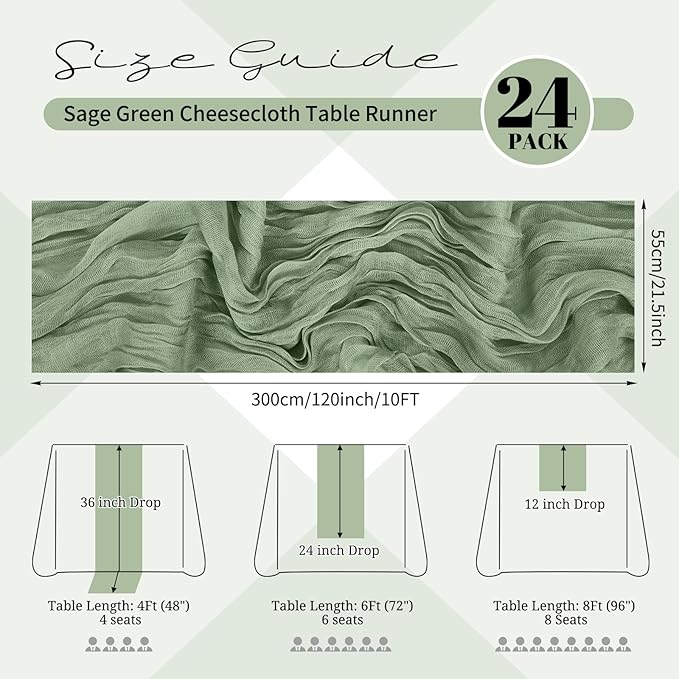 24 Pack Sage Green Cheesecloth Table Runner 120 inch Fall Thanksgiving Boho Rustic Gauze Farmhouse 10FT Cheese Cloth Runner for Baby Shower Wedding Party Holiday Home Decor