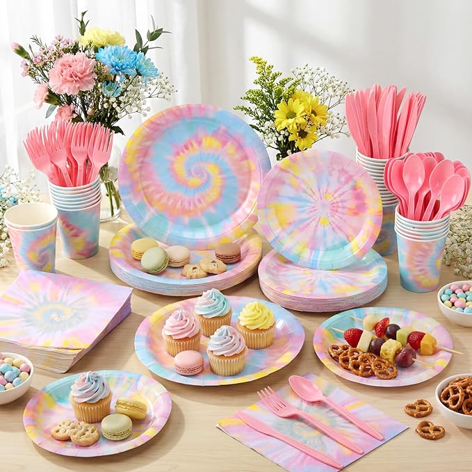 Pickmesh 400 Pcs Tie Dye Party Supplies Set Pastel Include Disposable Paper Plates Napkins Cups Cutlery for Men Women Colorful Dinnerware for Hippie Baby Shower Birthday Party Decorations Serve 50