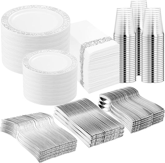LIYH 700 Pcs Silver Plastic Disposable Dinnerware Set for 100 Guests - Plastic Plates for Party Includes Disposable Plates, Cups, Wedding Napkins and Cutlery Elegant White & Silver