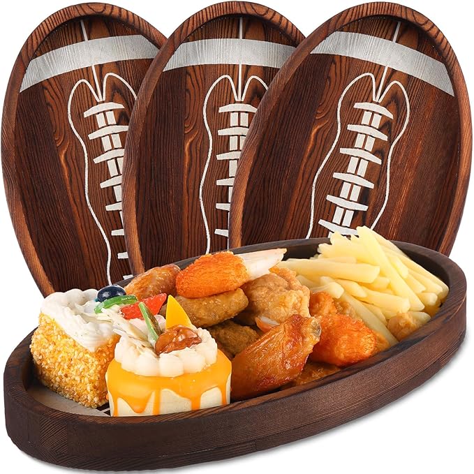 Hushee 3 Pcs Football Serving Trays and Platters 13 Inch Wooden Shaped Football Serving Dishes Tailgate Party Platter Snack for Game Party Decoration(Classic Style)