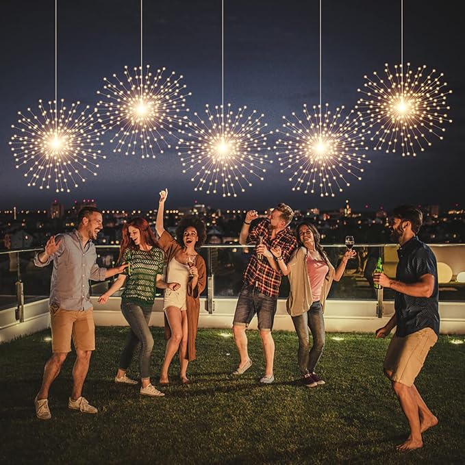 4 Pack 800 LED Starburst Sphere Lights, Battery Operated Firework Light, 8 Modes Dimmable Remote Control Waterproof Hanging Fairy Light, Copper Wire Lights for Patio Parties Christmas (Warm White)