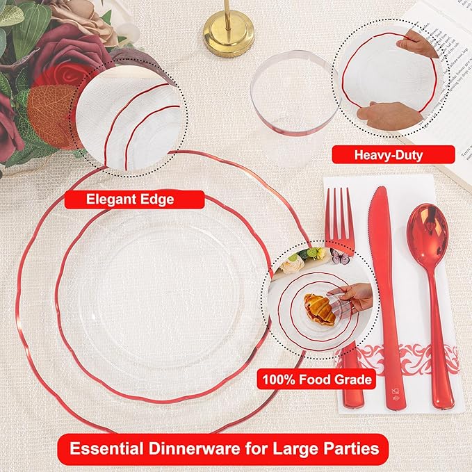 LIYH 700 Pcs Red Plastic Dinnerware Set for 100 Guests, Disposable Plastic Wavy Red Plates Include Dinner & Dessert Plates,Napkins,Cups,Cutlery for Party Valentine's Day and Mother's Day 100 Guests