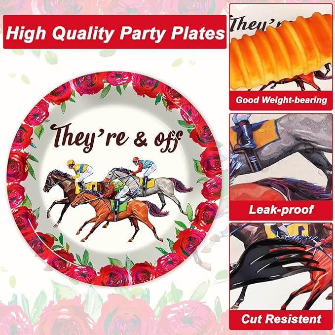 50 Guests Derby Day Plates and Napkins Party Supplies Kentucky Horse Racing Party Decorations Disposable Tableware Set Run for the Roses Dinnerware Favor for Race Day Kentucky Horse Party, 200PCS