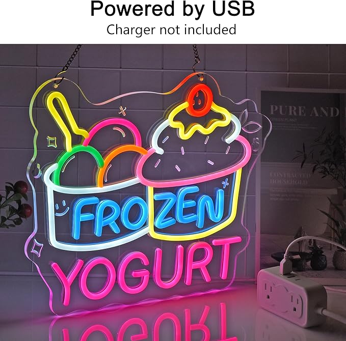Frozen Yogurt Neon Sign, Neon Lights Hanging Wall Art Decoration for Grocery Store Supermarket Farmers Markets Ice Cream Shop, USB Powered, Ultra Bright & Dimmable, 14.96×12.6 Inches