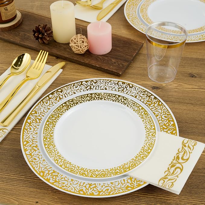 FOCUSLINE 175 Ct Gold Dinnerware Set for 25 Guests, Plastic Plates with Gold Lace Rim Design, Including 25 Disposable Dinner & Dessert Plates, Cups, Napkins, Cutlery Set