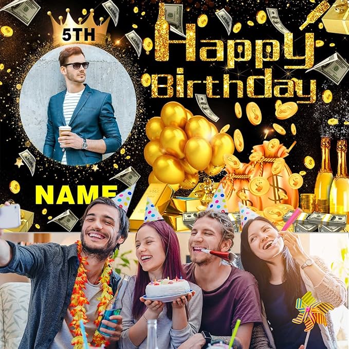 Custom Dollar Money Black and Gold Happy Birthday Party Decorations Supplies Personalized Dollar Money Black and Gold Birthday Backdrop Banner(5x7.5ft)