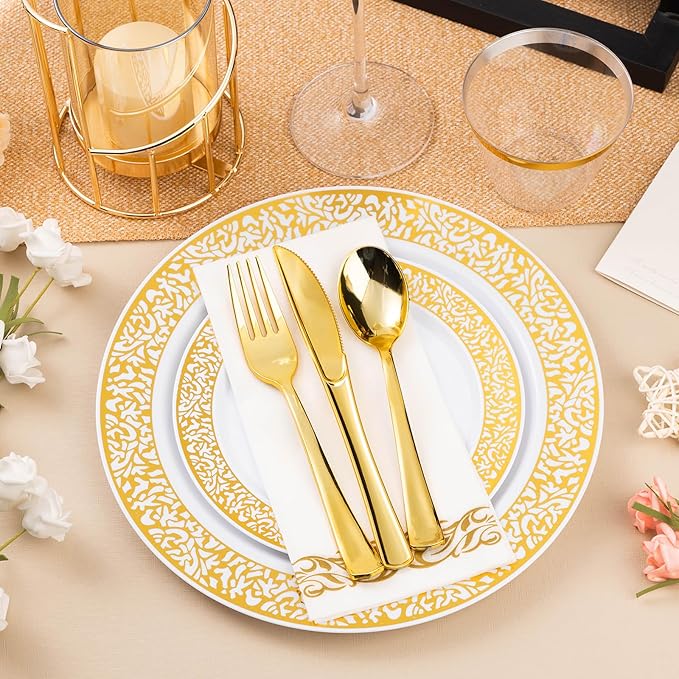 175PCS Gold Plastic Dinnerware Set for 25 Guests, Disposable Plates for Party, Wedding and Dinner, Include 25 Dinner Plates, 25 Dessert Plates, 25 Set Silverware, 25 Cups, 25 Napkins