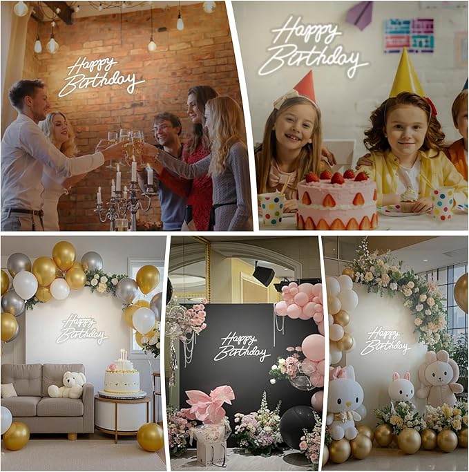 XC Happy Birthday Neon Sign Large Size 19.6×11.8 Inch Birthday Neon Lights for Party Decor Art Light Up Letters Signs for Room Backdrop Reunion Decoration 5V USB (White)