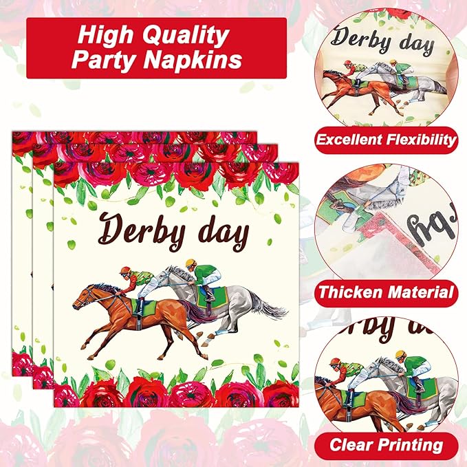 50 Guests Derby Day Plates and Napkins Party Supplies Kentucky Horse Racing Party Decorations Disposable Tableware Set Run for the Roses Dinnerware Favor for Race Day Kentucky Horse Party, 200PCS