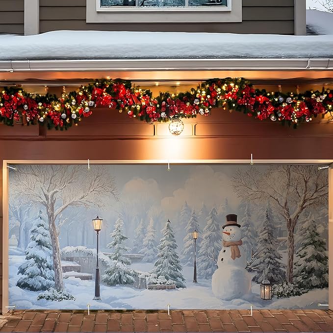 Garage Door Banner 7x16FT, Winter Snow Park & Snowman Garage Door Cover, Large Outdoor Xmas Decoration for Double Garage, Yard, Fence & Holiday Parties