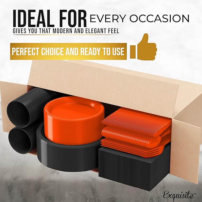 350 Pcs Orange & Black Plastic Plates For Party, Orange & Black Disposable Plates Set, 50 Of Each 9" Dinner Plate Set, 7" Dessert Plate, Cups, Napkins & Cutlery Plastic Dinnerware Exquisite