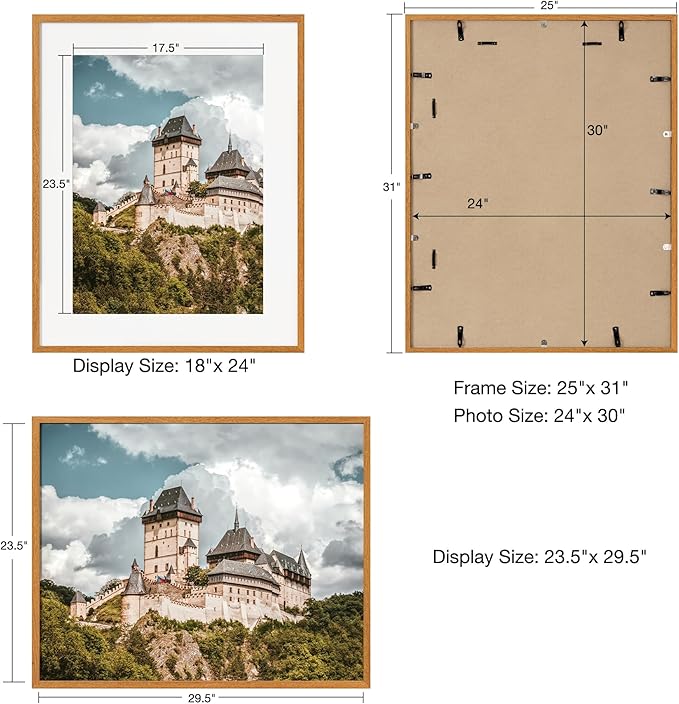 Axeman 24x30 Picture Frame - Solid Teak Wood 24 By 30 Poster Frame With Mat For 18x24, Tempered Glass And Hanging Hardware Included Home Decor Hanging Frame, Natural Teak