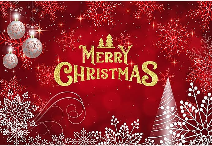 Baocicco 10x7ft Merry Christmas Photo Background Red Gold Xmas Winter Festival Snowfalke Baubles Backdrop Photography Family Holiday Party Banner New Year Photo Booth Background Party Decorations