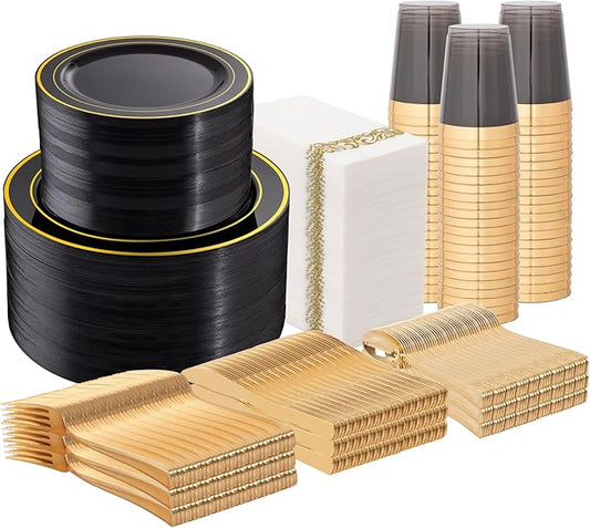 Supernal 800PCS Black and Gold Disposable Dinnerware Set Include 100 Dinner Plates&100 Dessert Plates,100 Knives,200Forks,100Spoons,100Cups,100Napkins for Party&Birthday