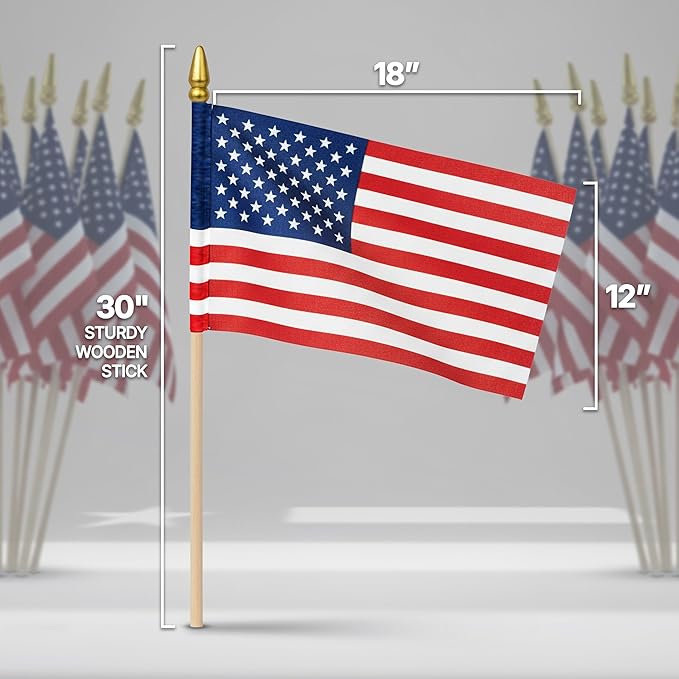 Super Tough Small American Stick Flags 1’x1.5’ | Cotton Outdoor Flag on 2.5’ Wooden Stick | Mini Flags Patriotic Decor for Various Holiday Parties and National Flag Day | 25 Pack