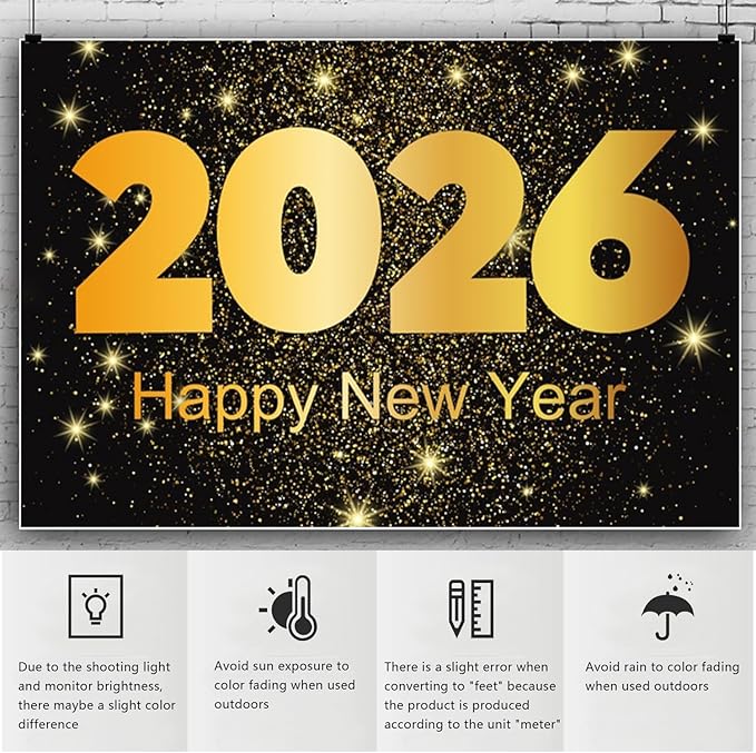 YongFoto 2026 Happy New Year Backdrop 10x8ft Gold Photography Background Merry Christmas Night Festival Carnival Family Celebration Party Banquet Decor Banner Photoshoot Wallpaper Photo Booth