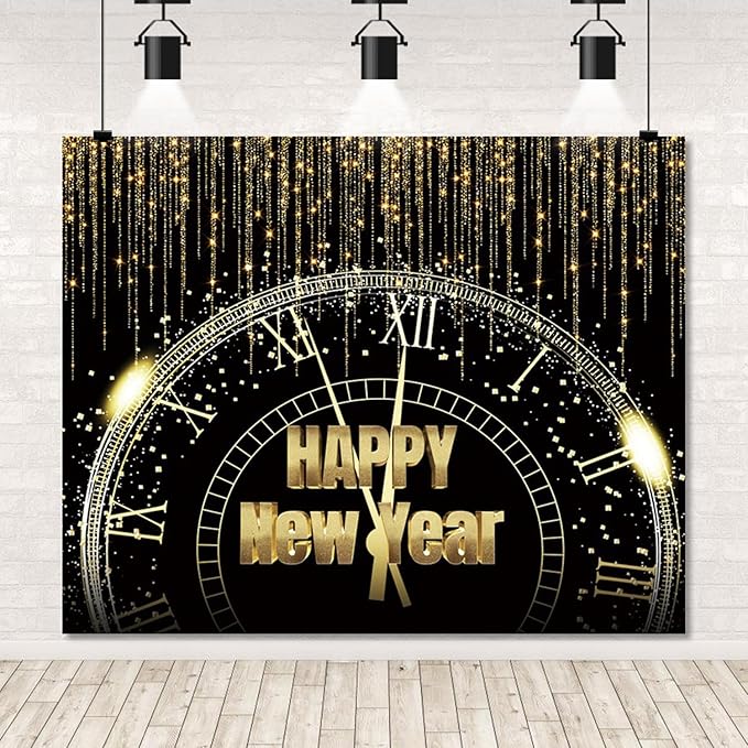 Happy New Year Backdrop 10x8ft New Years Eve Party Supplies Decor Gold Glitter 2026 Countdown Clock Background New Year Banner Family Portraits Decorations Christmas Photo Backdrop