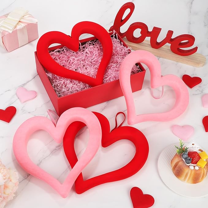 Aneco 6 Pieces Valentine‘s Day 3D Velvet Heart Hanging Ornament 9.45 Inch Foam Heart Wreaths for Valentine‘s Day Wedding Anniversary Front Door Home Decor, Red and Pink